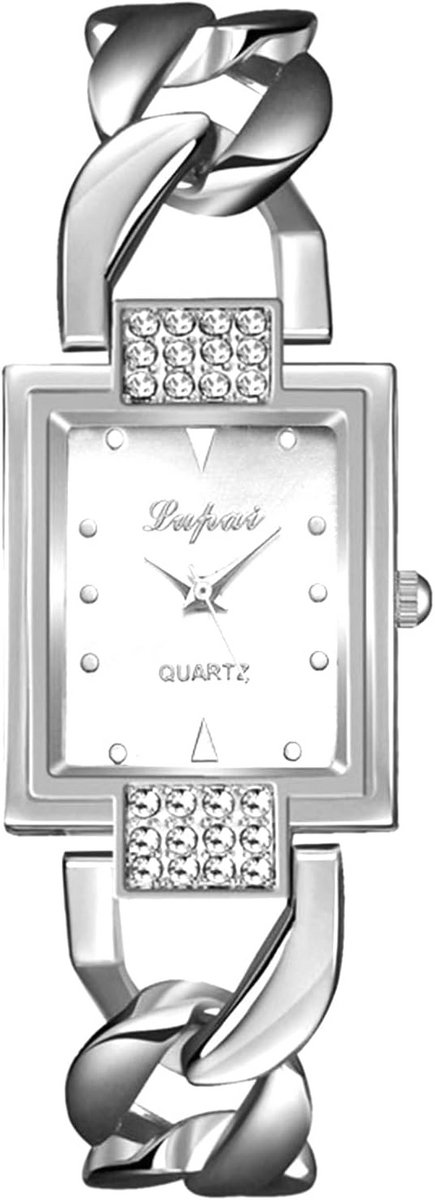 Zilveren Dameshorloge Vierkant Analoog Quartz met Diamant-look en Verstelbare Band