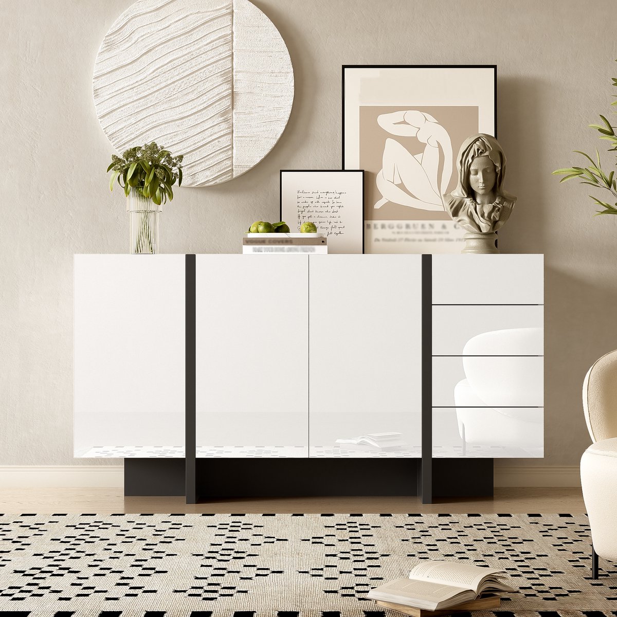 MODFU Opbergkast 150x40x80,5 cm van MDF/spaanplaat, met 2 deuren en 4 laden, wit/zwart hoogglans