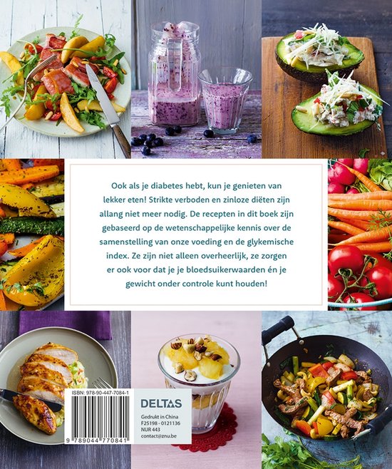 Recepten uit het diabetes kookboek, waaronder salades, ovenschotels en gegrild vlees.