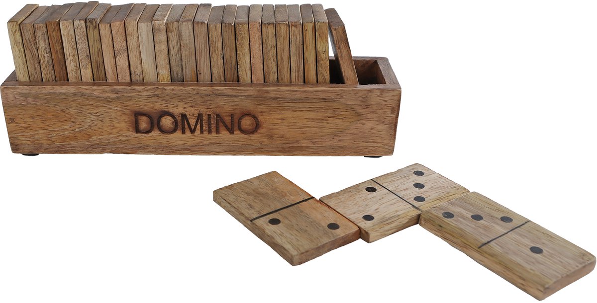 Domino spel naturel mango houten speelgoed 20,5x5x7cm.