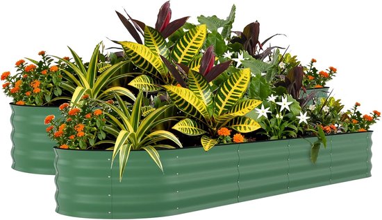 HoerFuriy Set van 2 Gegalvaniseerde Moestuinbakken - 244x61x45cm - Verhoogde Plantenbakken Metaal - Bodemloos - Weersbestendig - Groen