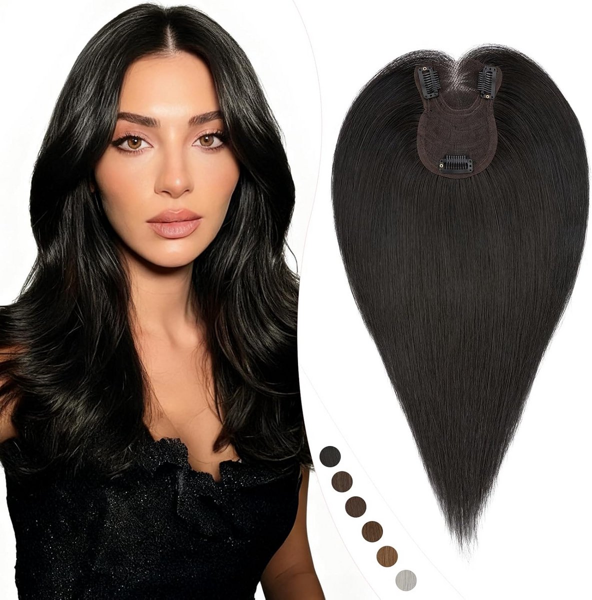 Echt Haar Topper voor Dames Clip-In Haarextensie Natuurlijk Zwart 35 cm