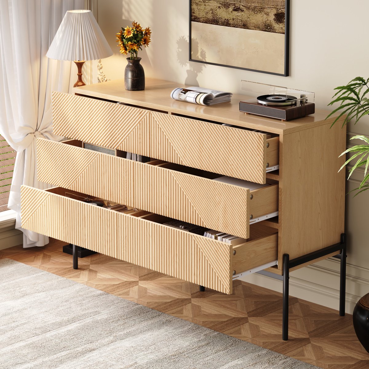 HAUSS SPOLE Dressoir - 3D Geometrische Front Met 6 Lades - Opbergkast Voor Woonkamer En Eetkamer - MDF - Naturel - 115,5x38x75 Cm Natuurlijk