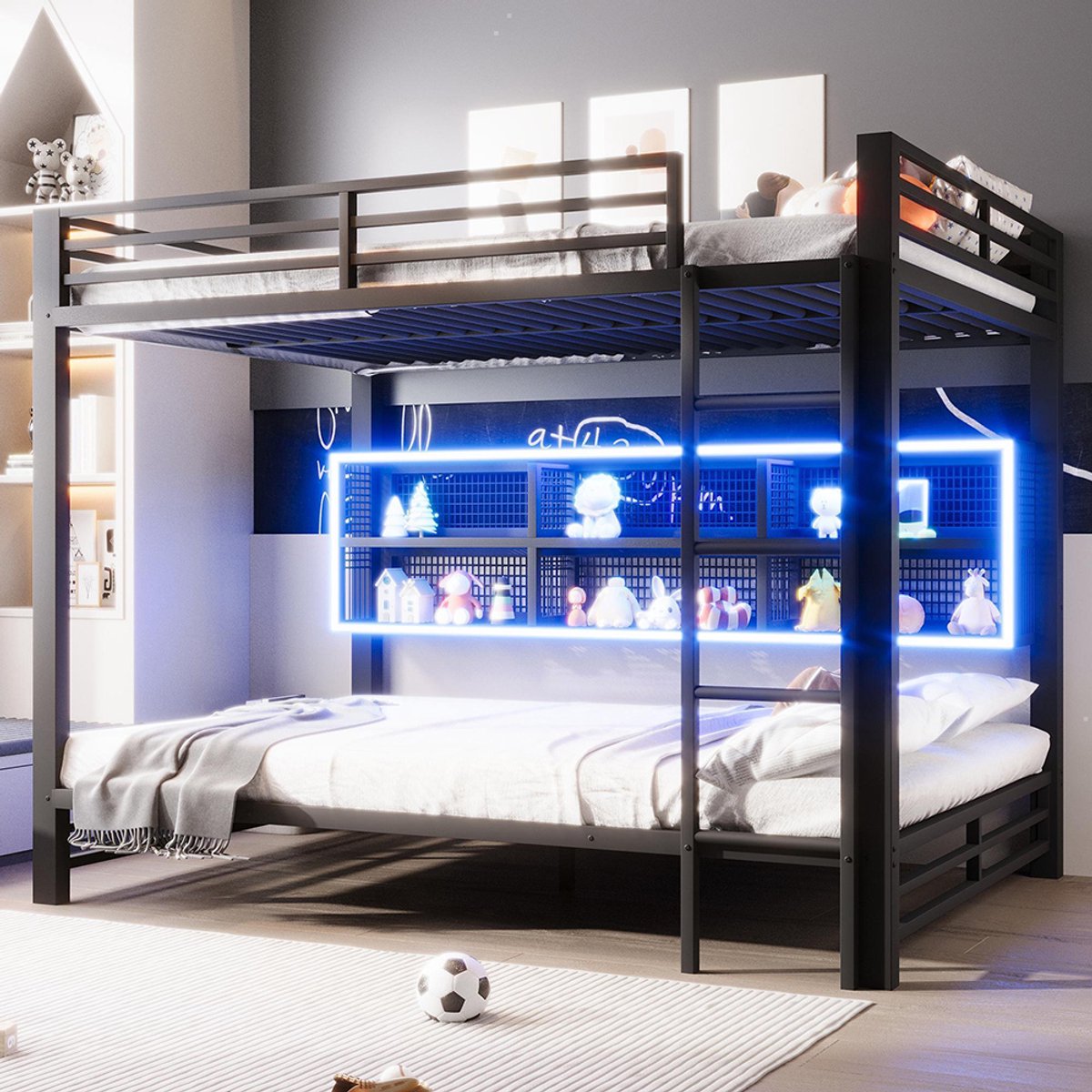 BLACKCOLORS Stapelbed 140 x 200 met opbergkasten en ledverlichting, zwart
