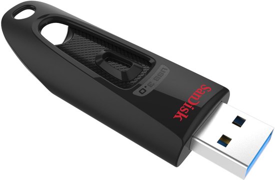 Zwarte SanDisk Cruzer Ultra USB 3.0 stick van 32GB, schuin van achteren gezien, met gestructureerd grip-gedeelte en sleutelhangergat.