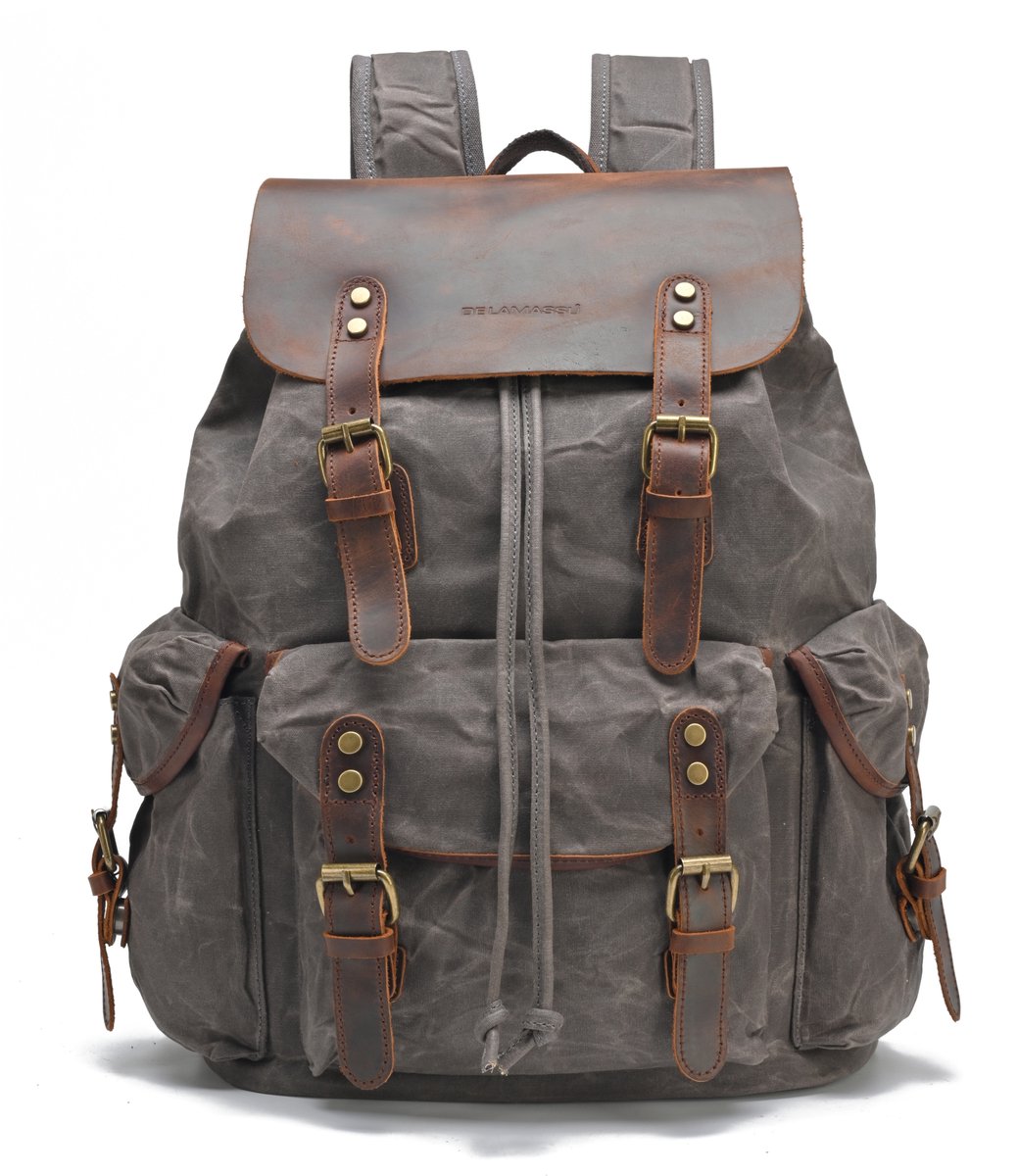 DE LAMASSU® Vintage Canvas Rugzak 16 inch Laptop – 24L – Waterafstotend – Echt Leer – 33x15,5x47 cm – Unisex Werk & Reizen