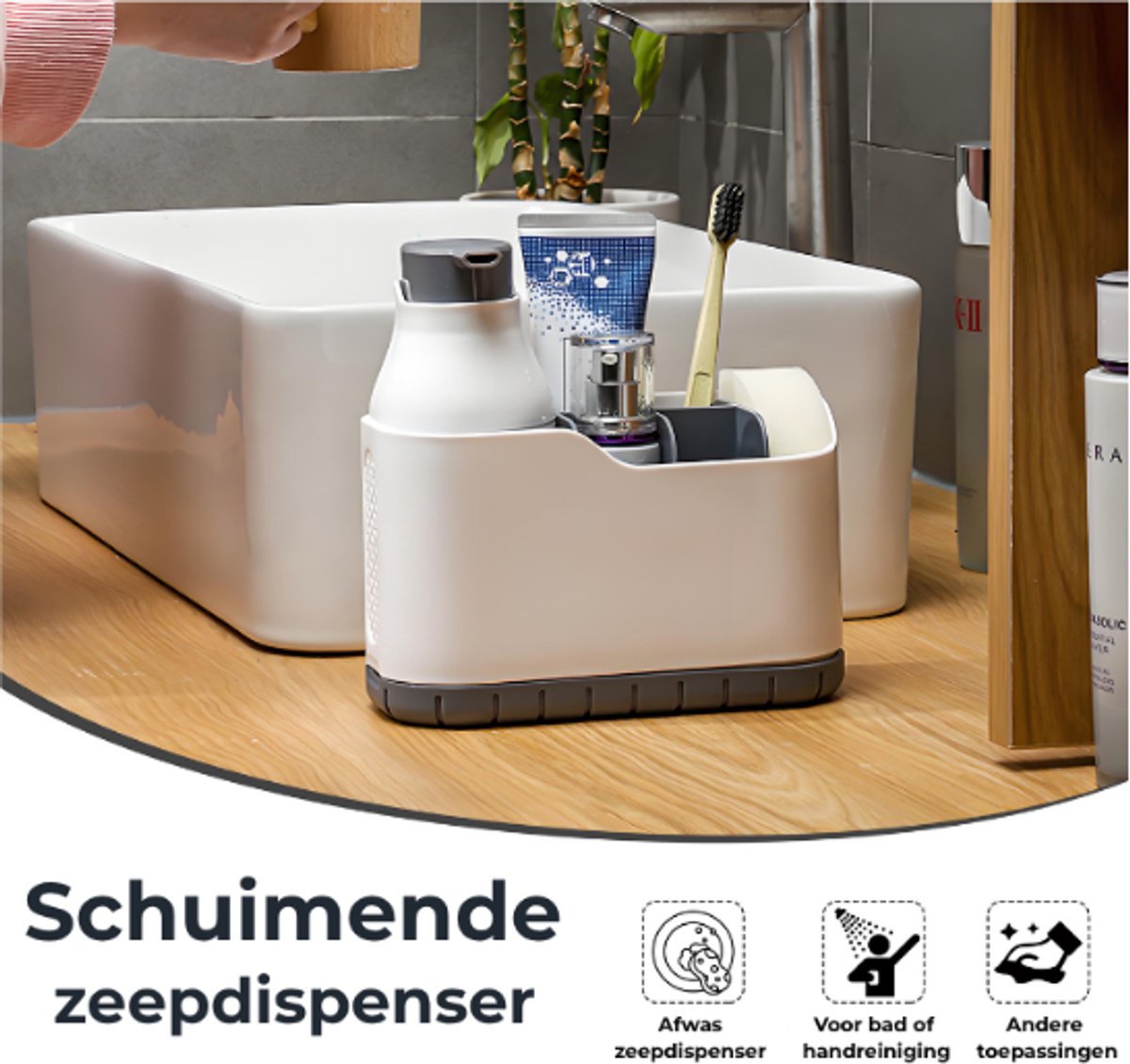 Zeepdispenser met Opbergvak – Organizer voor Badkamer & Keuken – Schuimdispenser – Navulbaar – Modern Design
