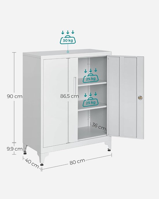 Grijze metalen kast met afmetingen en gewichtsindicaties: 90 cm hoog, 80 cm breed, 40 cm diep.