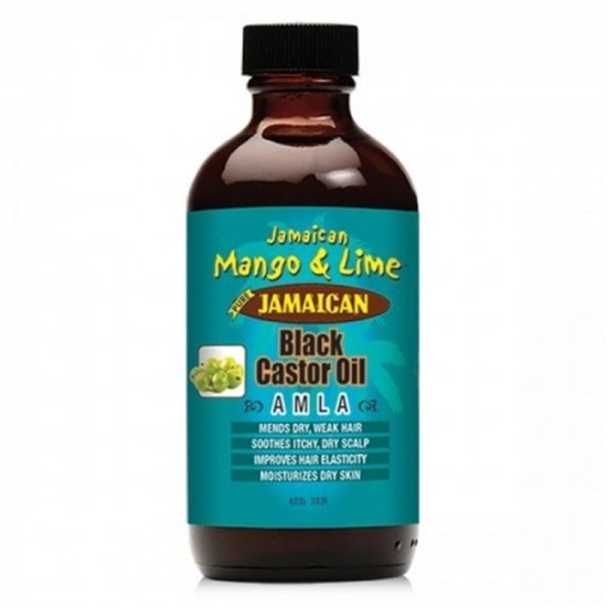 Jamaican Mango & Lime Black Castor Oil Amla, 8 FL OZ 237 ML. Amberkleurige fles met turquoise etiket.