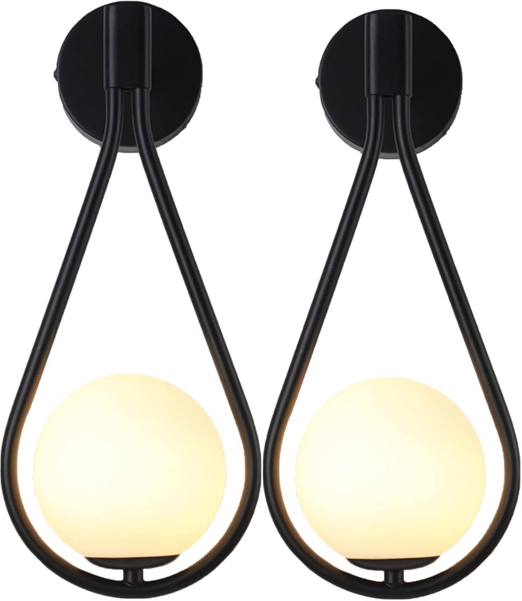 Set van 2 Vintage LED Wandlampen met Glazen Bol - Zwart - Warmwit Licht