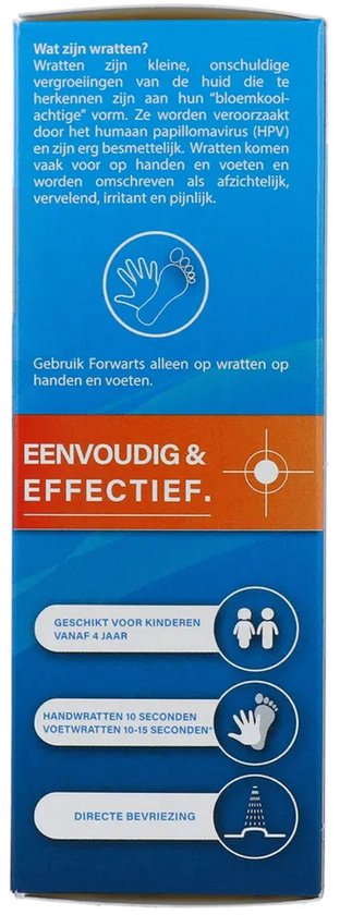 Informatie over wratten en de behandeling ervan met Forwarts, met afbeeldingen van hand- en voettoepassing.