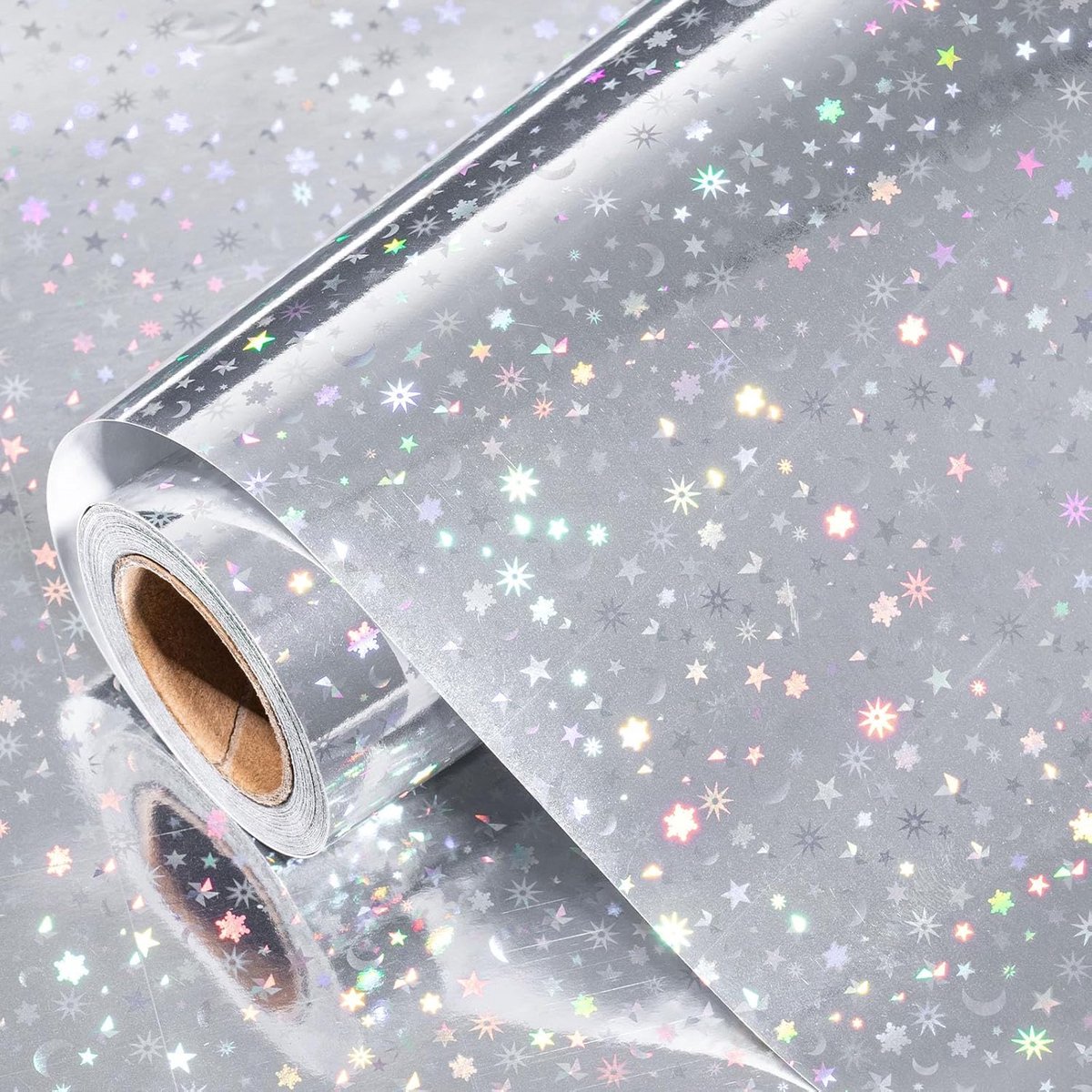 Holografisch Inpakpapier Zilver Mini-Rol Ster en Maan Print voor Cadeaus