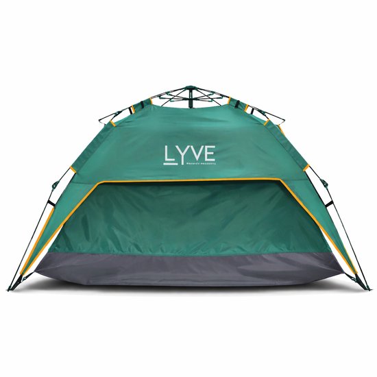 Vooraanzicht van een groene pop-up tent met oranje randen en LYVE logo. Grijze onderkant.