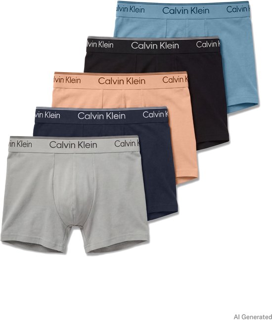 Vijf Calvin Klein trunks in blauw, zwart, huidkleurig, donkerblauw en grijs, met opdruk op de tailleband.