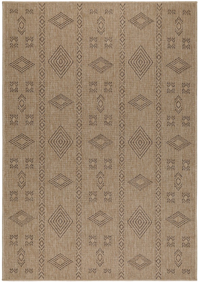 Vloerkleed Dhaka – Beige/Zwart – Laagpolig met Levendig Design – Voor Binnen en Buiten