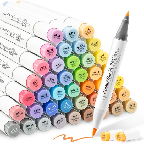 Een stapel Ohuhu alcohol markers met kleurgecodeerde doppen, met één marker in het midden.