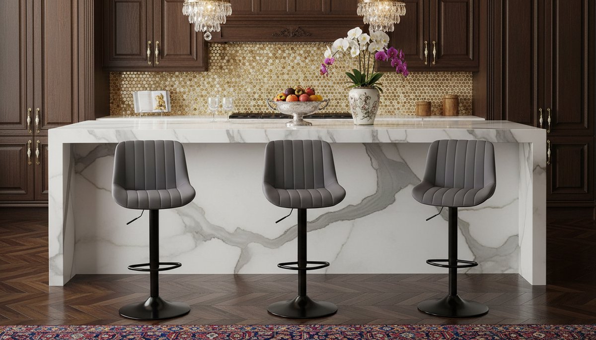 Barkruk Set van 3 – House&Garden Elite Draaibare Barkrukken met Rugleuning – In Hoogte Verstelbaar 55-75 cm – 360° Draaibaar – PU Kunstleer – Donkergrijs – Moderne Barstoelen voor Keukeneiland