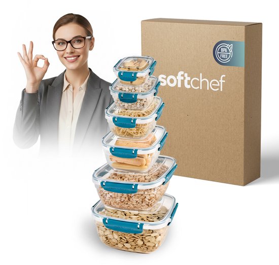 Boîtes de Conservation Soft Chef Lock&Fresh Carrées – 6 pièces – 275-3750 ml – Sans Fuite – Sans BPA – Prep – Bleu