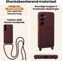 Aubergine hoesje met kaarthouder en koord, met gedetailleerde weergave van schokabsorberend materiaal.