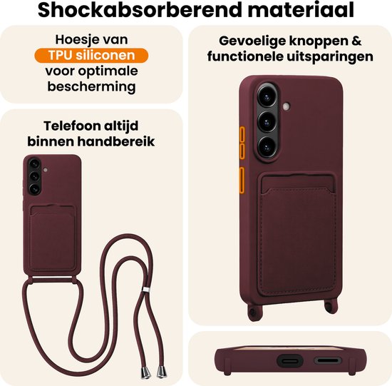Aubergine hoesje met kaarthouder en koord, met gedetailleerde weergave van schokabsorberend materiaal.