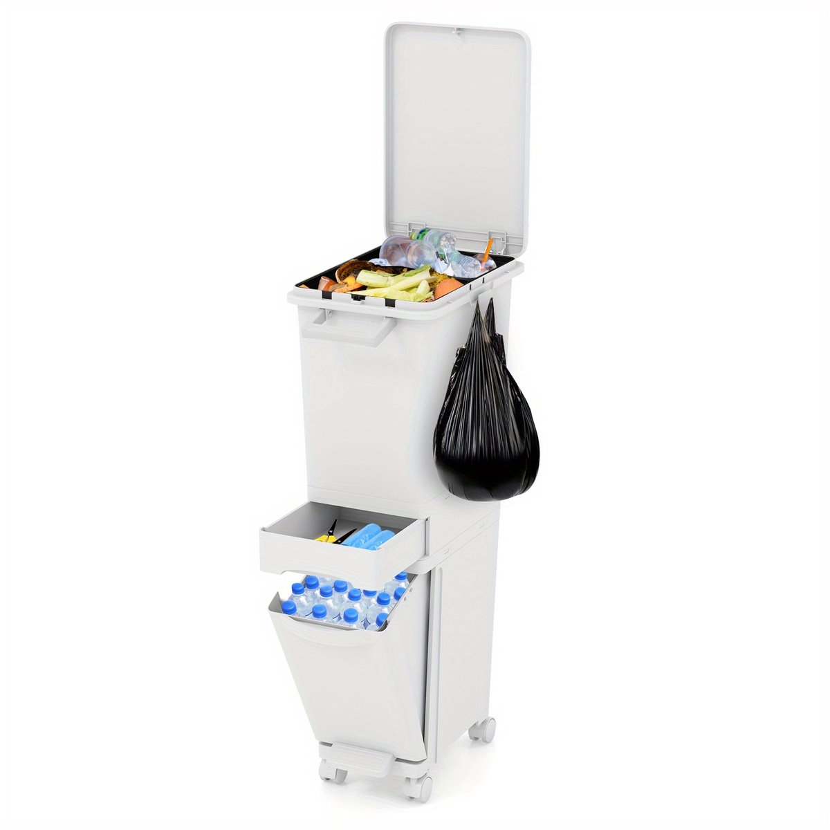 Afvalbak afvalscheiding-Afvalbak-(32 L)-3-in-1 Veelzijdige Afvalbak- Keuken Afvalbak met Schuine Onderkamer- Centrale Lade en Twee Bovenste Velden-stickers voor afvalscheiding-WIT.