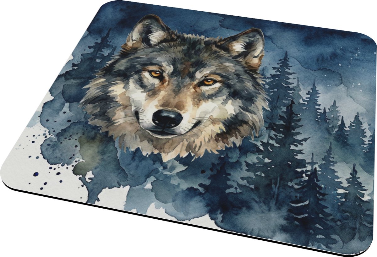 Muismat Wolf Portret - "Aquarel Series" Wolf Cry - Mysterieuze Grijze Wolf in Donkerblauw Dennenbos - Winterse Sfeer - Stijlvolle Bureau Accessoire - Origineel DierenCadeau voor hem of haar: Vriend Vriendin & Collega - Intens & Wild Design