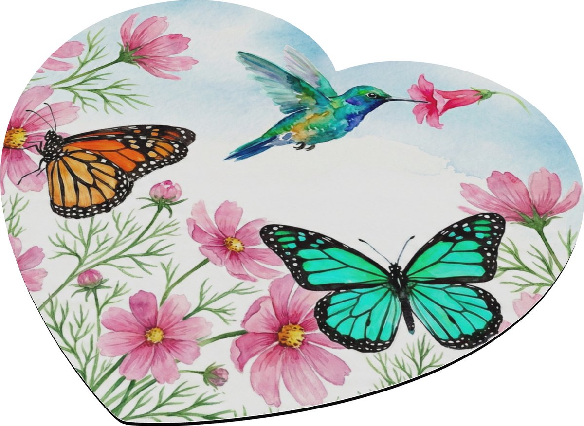 "Aquarel Series" Muismat Hartvorm - Kleurrijke Kolibrie en Vlinders - Exotische Waterverf Print - Uniek Cadeau voor haar: Vriendin of Collega - Vrolijke Bloemen Illustratie - Tropisch Design - Stijlvolle Bureau Accessoire