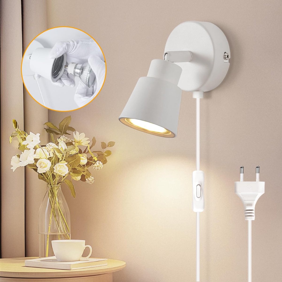 NBAP® Wandlamp Binnen met Snoer - Wandlamp met Stekker voor Binnen - met Dimbare Schakelaar - Industrieel en Vintage - Slaapkamer Bedlampje - Wit