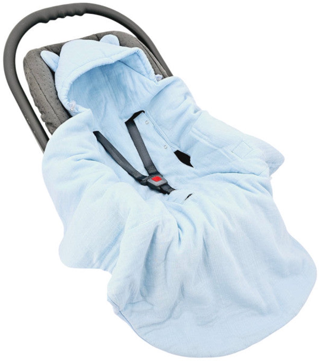 Sleeping bag for car seat with 3- and 5-point belts, blue