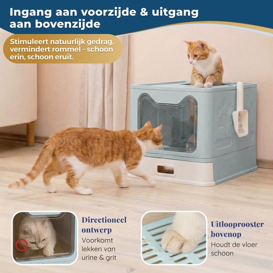 Lichtblauwe opvouwbare kattenbak met dubbele ingang en uitgang, met twee katten.