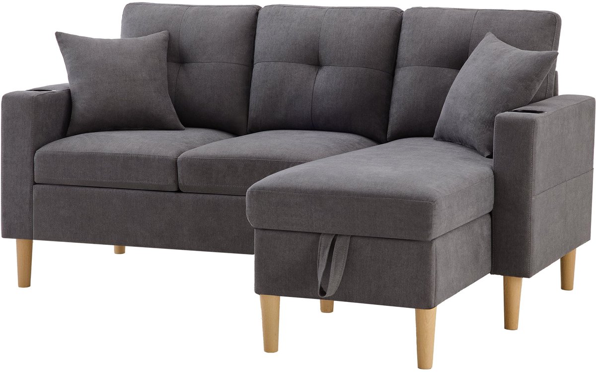 Merax L-Vormige Hoekbank Met Chaise Longue – 3-Zits Bank Met Opbergruimte En Bekerhouder – Donkergrijs Katoen-Linnen – Inclusief 2 Kussens – 175x129 Cm