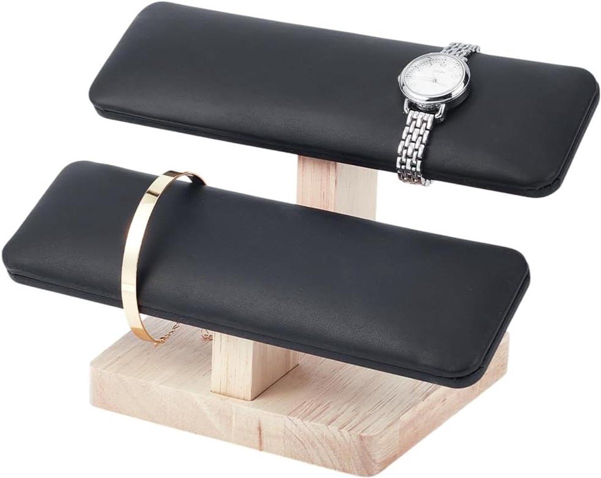 Allecto- Houten Horloge Display Stand - Armband Display Stands - Houten Basis - Rechthoek Armband Organizer - Horloge Display Toren - Home Retail Display - Zwart - Geschikt voor - Kleur of model - 2 Tiers - 19,7 x 12,4 x 13,2 cm.