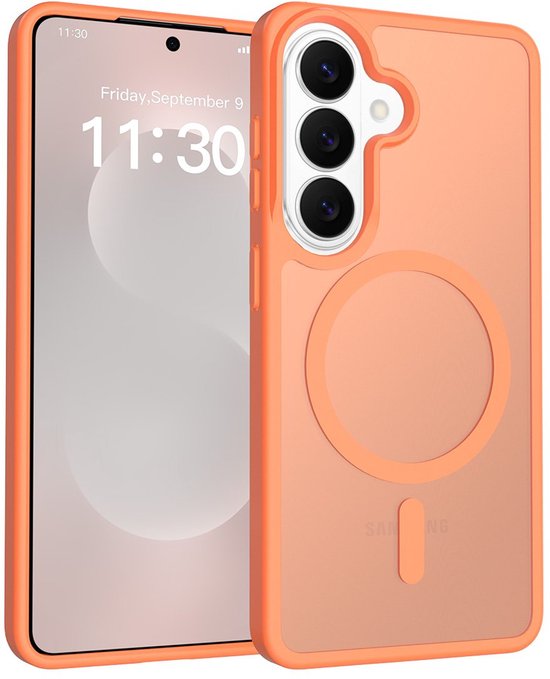 Coque de téléphone orange avec anneau magnétique, à côté d'un téléphone.