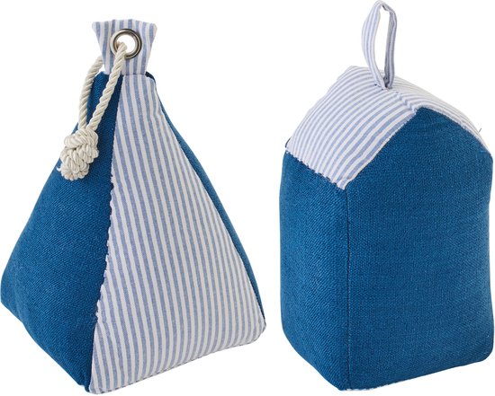 Set van 2 deurstoppers, blauw met witte strepen, één piramidevormig, één kubusvormig met handvat.