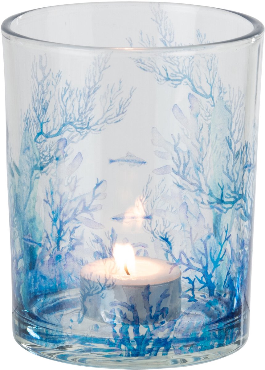 J-Line theelichthouder Koraal - glas - transparant/blauw - medium