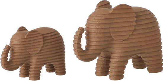 Twee gestreepte polyresin olifanten decoraties, bruin, grote en kleine maat