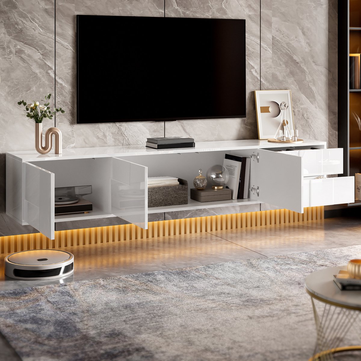 Merax Modern wit tv-meubel - kan worden opgehangen of vrijstaand geplaatst - handvatloos ontwerp - voorzien van 3 deuren en 2 lades