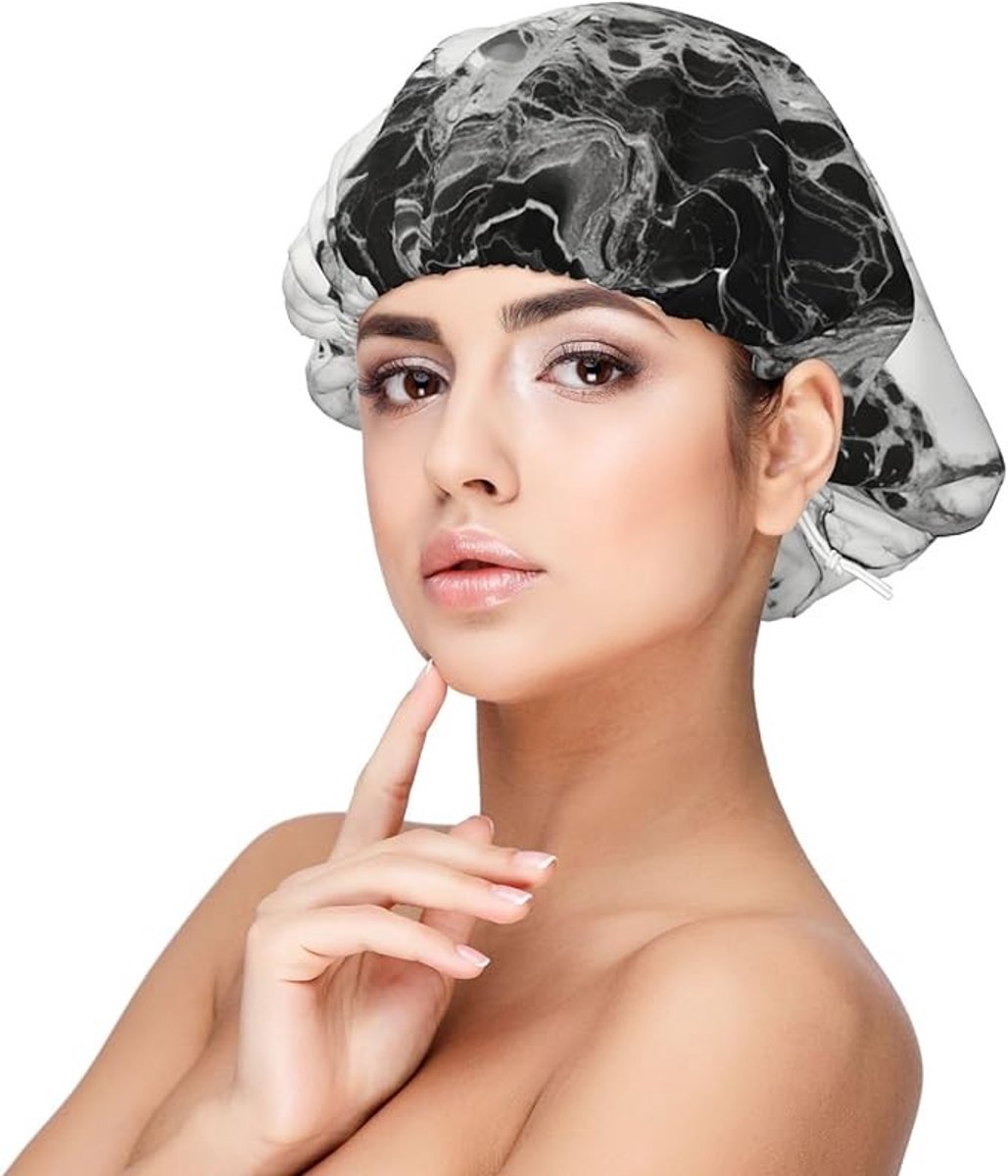 Stunq® Slaapmuts voor haarbescherming - Zwart-wit marmeren print - Dubbellaags satijn
