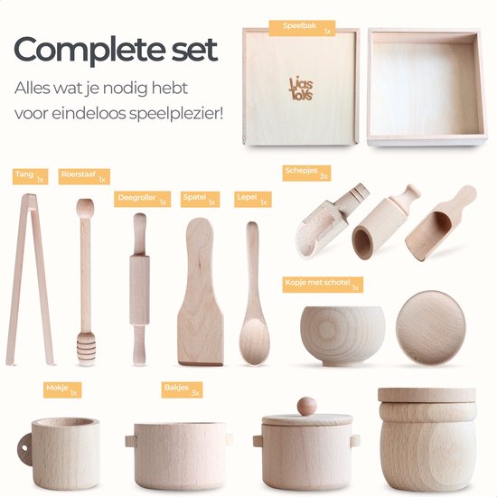 Houten Sensory Speelbak met accessories - 45x45 cm - Speelbak met deksel - Houten Bak - Sensory Play - Open einde spel - Montessori Speelgoed van Merkloos — afbeelding 2
