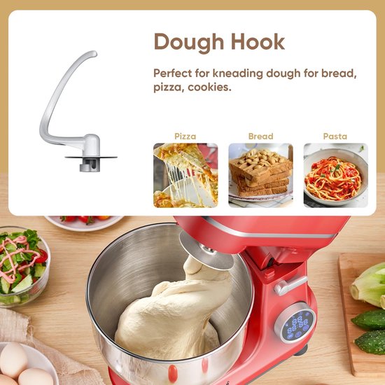 Shopwizz Keukenmachine - Met Mengkom - OLED Scherm - Incl. Garde, Deeghaak en Platte Haak - 11 Snelheden - Blender - Mixer - 2000W - 6.2L - Rood van Merkloos — afbeelding 2