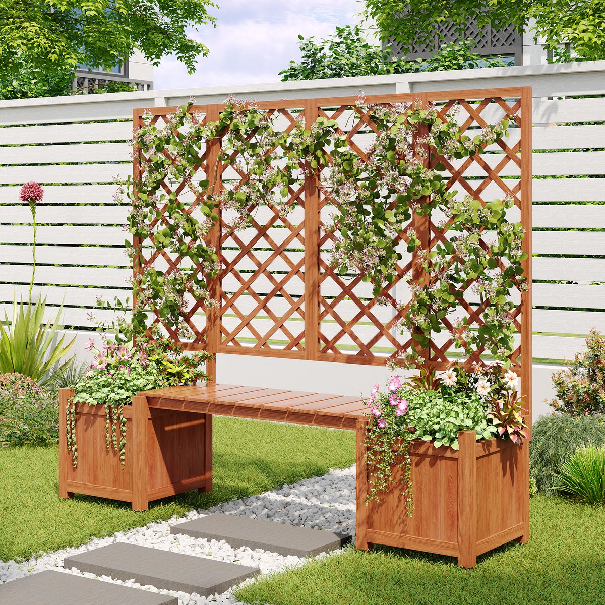 REDOM - Plantenbak Met Klimrek En Zitbank - Massief Vurenhout - Donkerbruin - 169 x 145 x 42 cm