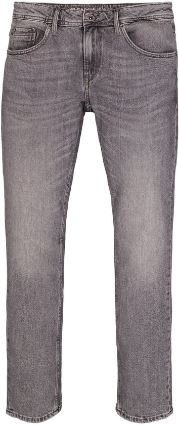 Grijze heren jeans met een slim fit pasvorm. De broek heeft een licht verweerde wassing.