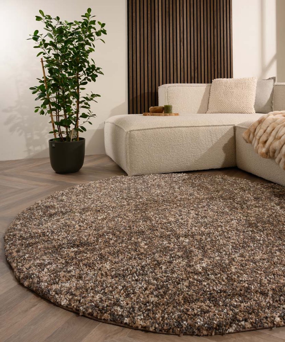 Rond hoogpolig vloerkleed - Blend beige/grijs 120 cm