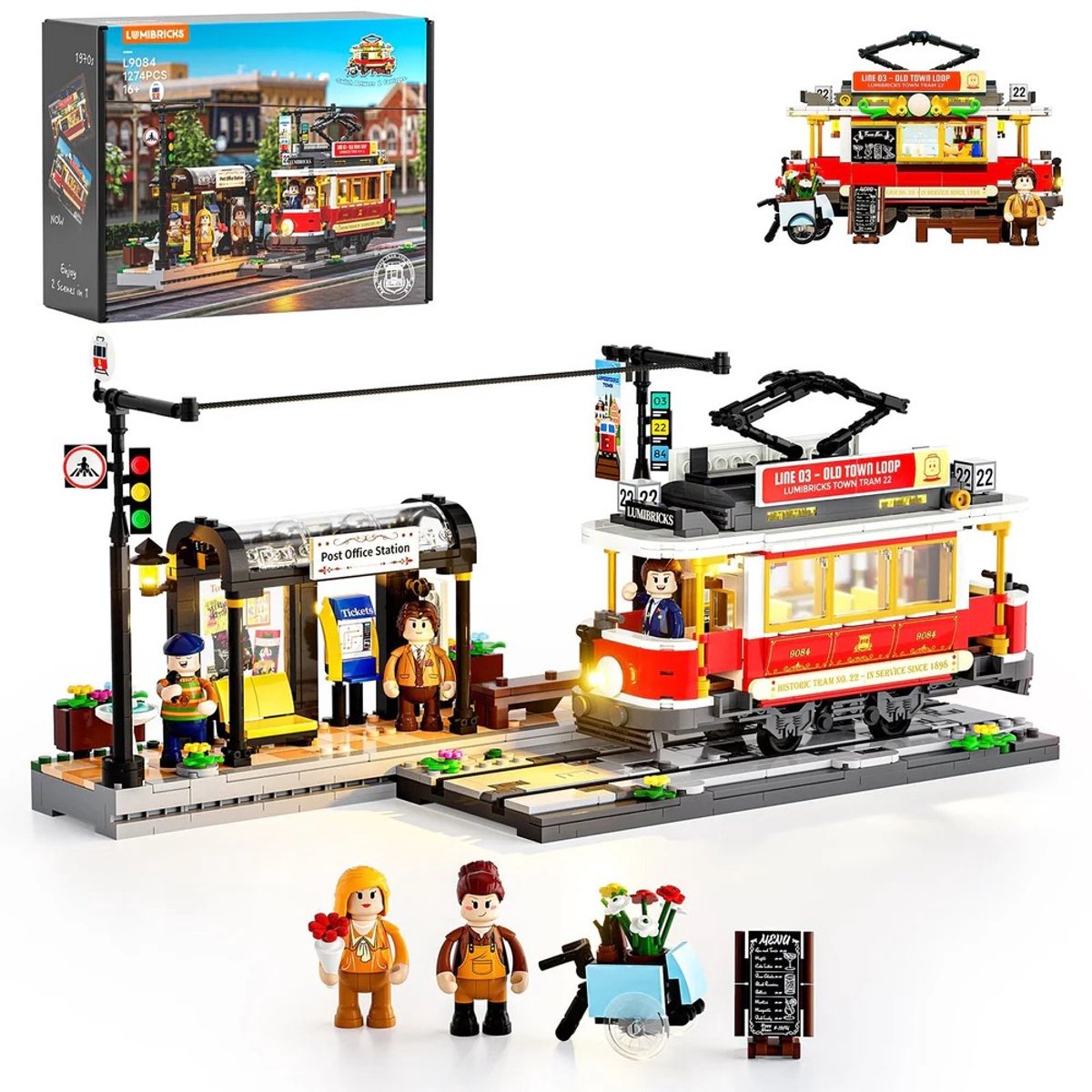 Lumibricks Heritage Tram and station Bouwpakket - Met LED verlichting - Miniatuur huisjes - DIY modelbouw met 1274 bouwstenen - Bouwpakketten volwassenen - Bouwdoos L9084