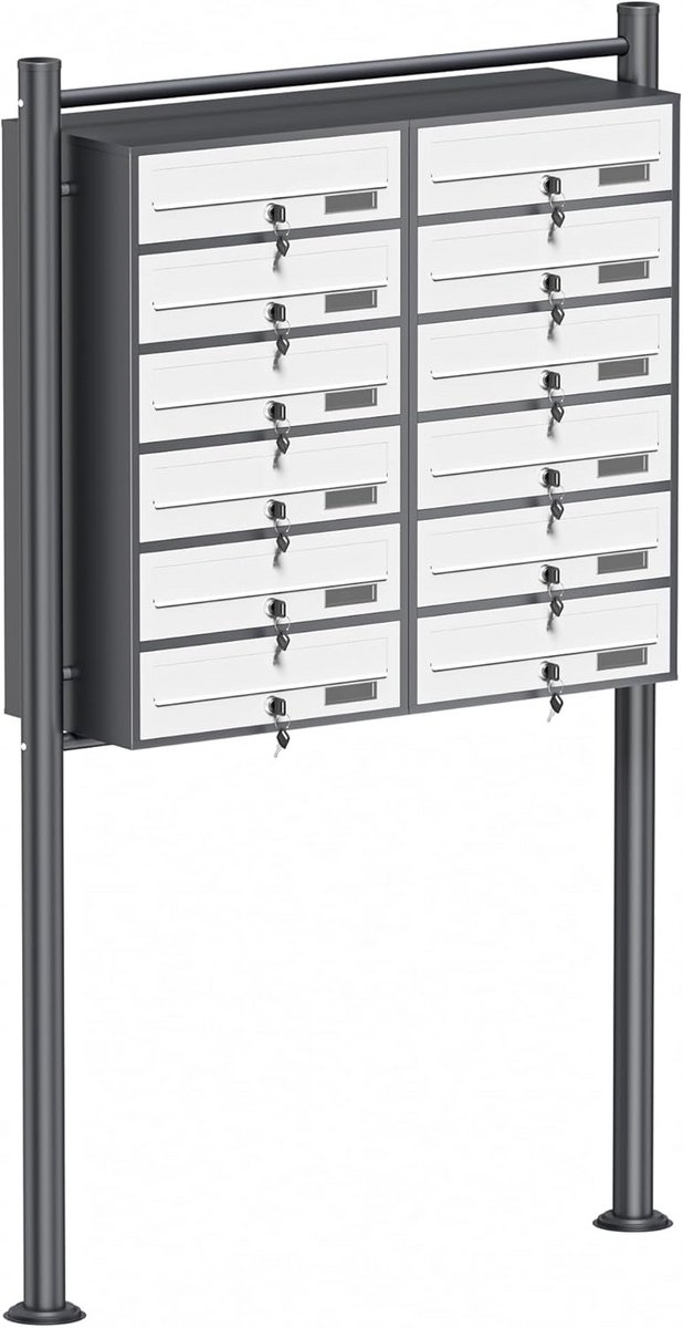 Mailbox systeem met 12 brievenbussen en standaardbasis, gepoedercoat in antraciet-wit
