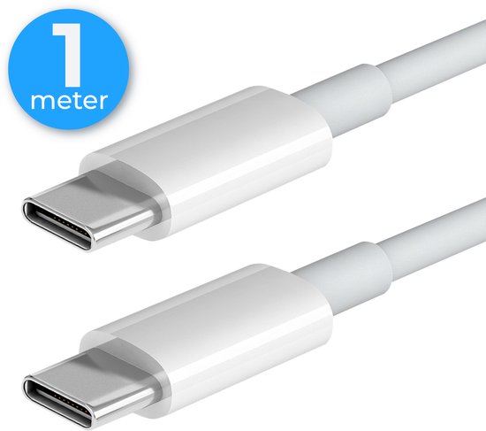 Twee USB-C connectoren, wit, met metalen behuizing. "1 meter" staat in blauwe cirkel.