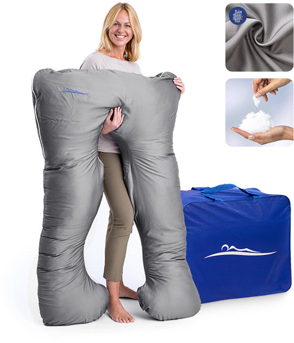 KomfortKissen™ Premium Zwangerschapskussen XXL – Lichaamskussen 150 cm – Zijslaapkussen – Body Pillow – Voedingskussen – Ergonomisch Kussen – Afneembare Hoes – Wasbaar – Borstvoedingskussen – Grijs