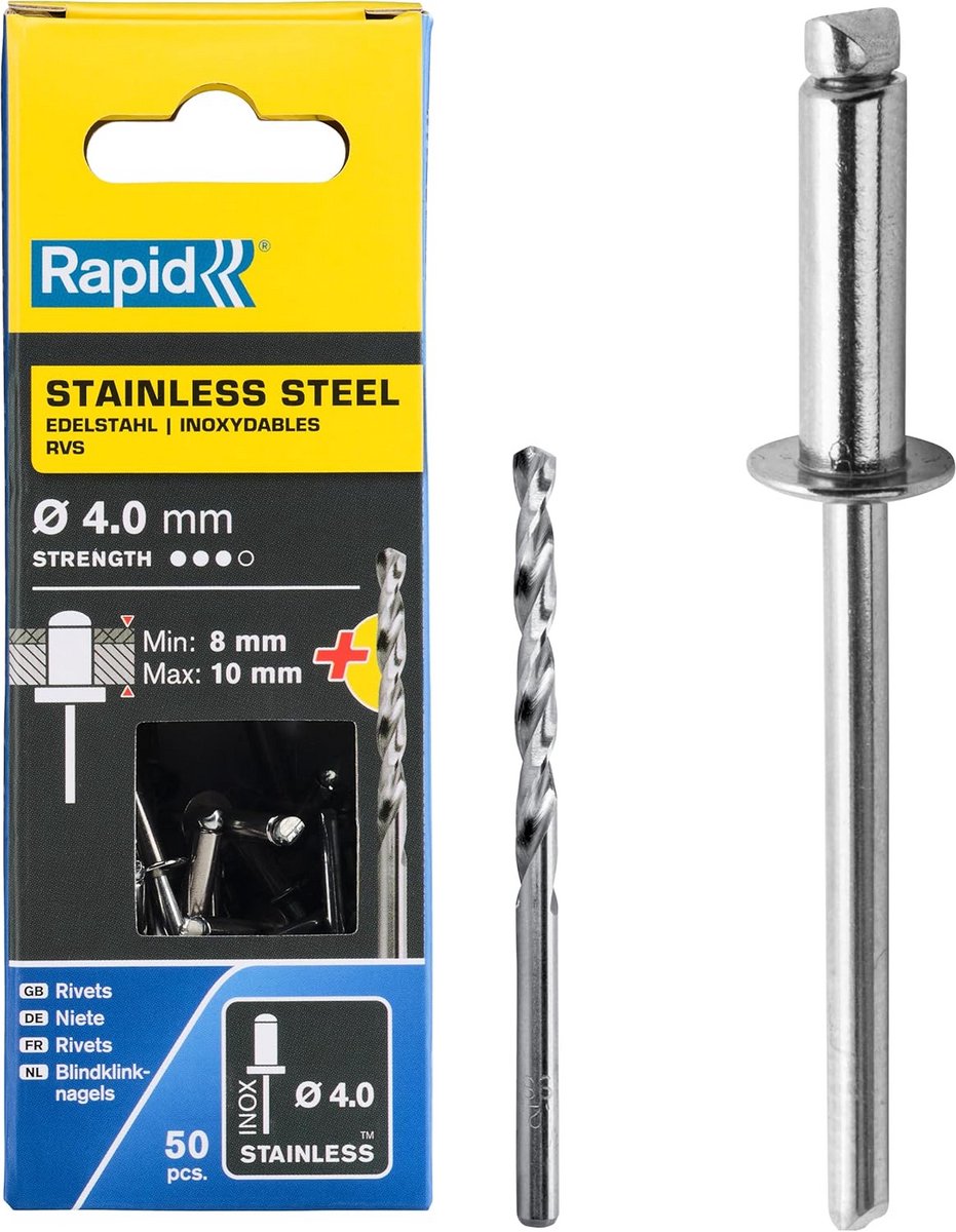 RVS Blindklinknagels Ø 4mm met Boor voor Klembereik 8-10mm, 50 Stuks