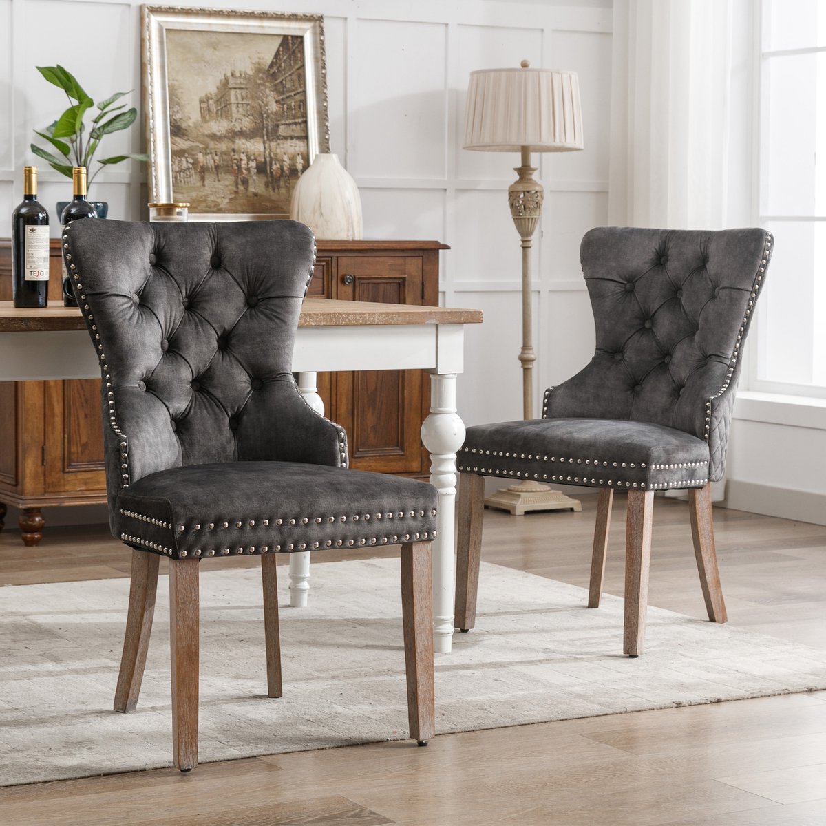 HAUSS SPOLE Eetkamerstoelen Set Van 2 - Fluwelen Bekleding Met Siernagels En Ringgreep - Voor Eetkamer En Woonkamer - Rubberwood - Grijs