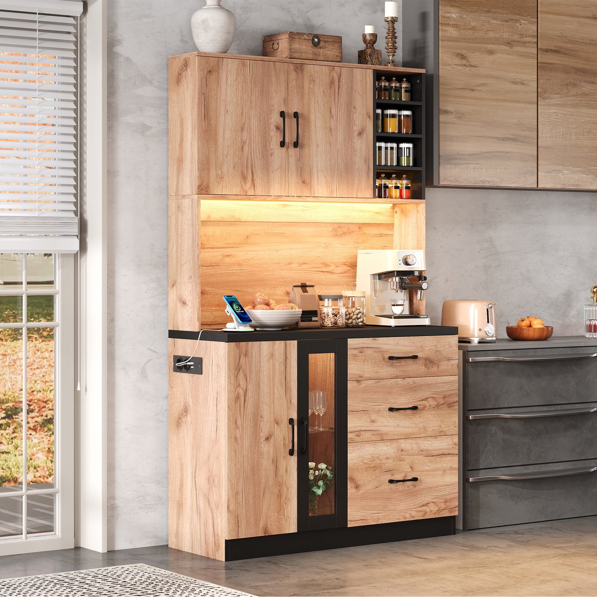 OKWISH Kastenwand Keukenkast - Met Ledverlichting En Stopcontacten - Voor Keuken En Eetkamer - MDF Neutraal - 105×40×180 Cm Neutrale